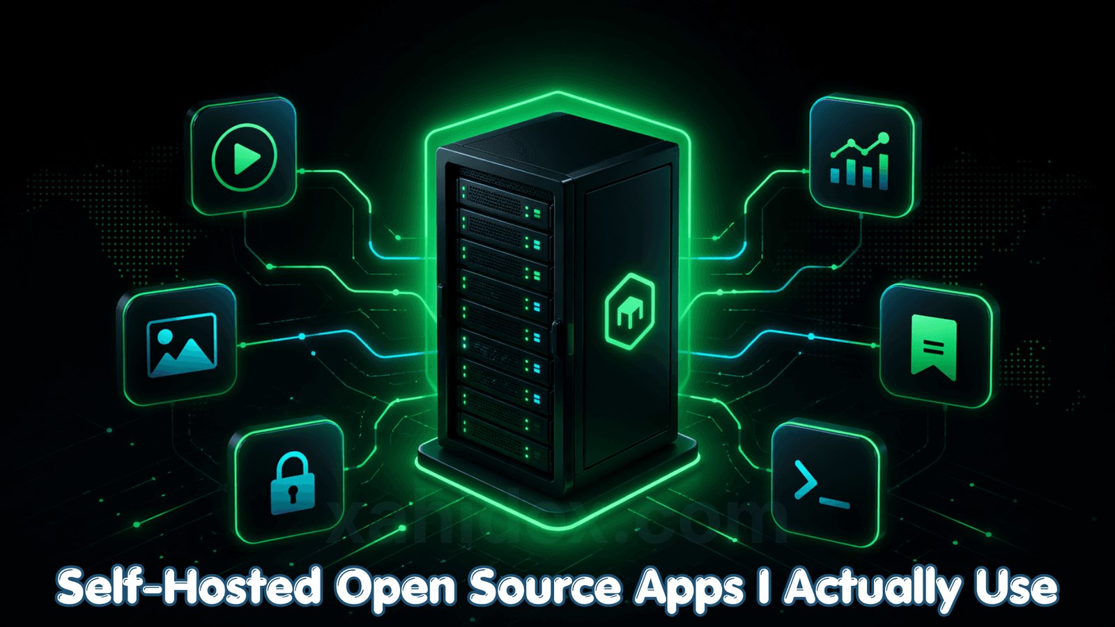 A futuristic dark illustration of a self-hosted server surrounded by floating open source app icons connected by glowing green circuit lines, branded with xahidex.com