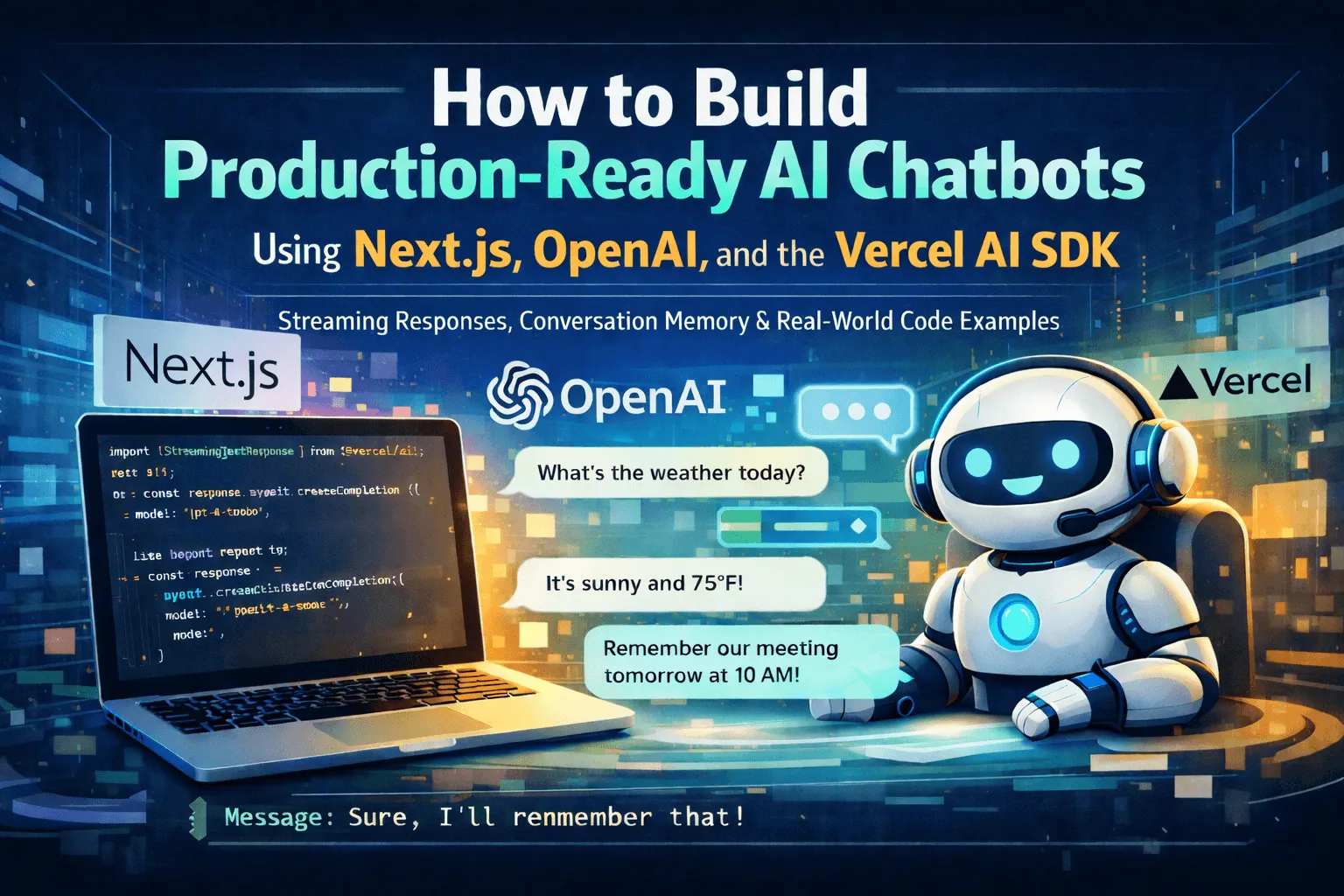 Futuristic illustration of an AI chatbot interface with code, chat bubbles, and a friendly robot assistant