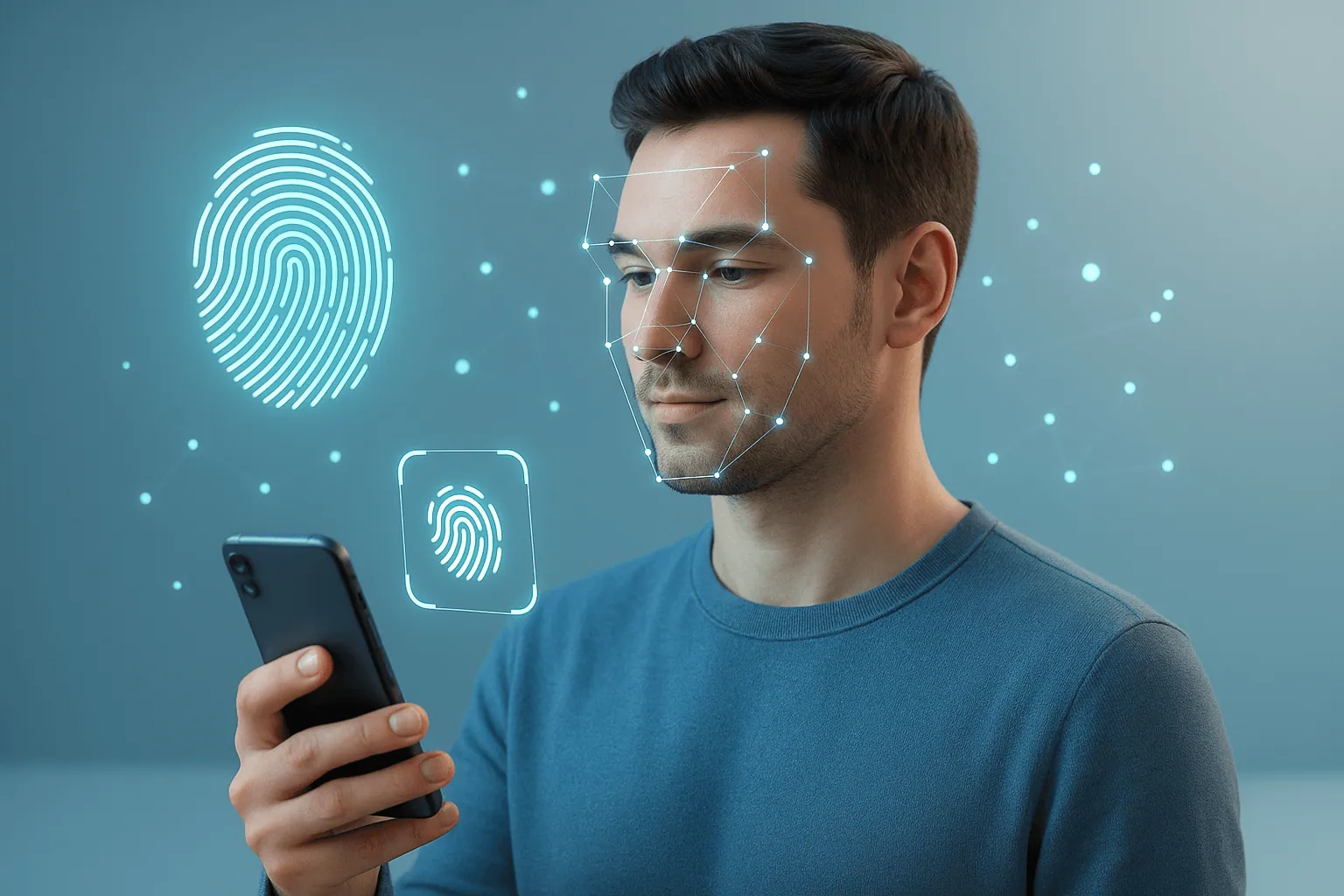3D illustration of a person using a smartphone with Face ID, surrounded by floating digital biometric elements, representing invisible authentication and passwordless login.
