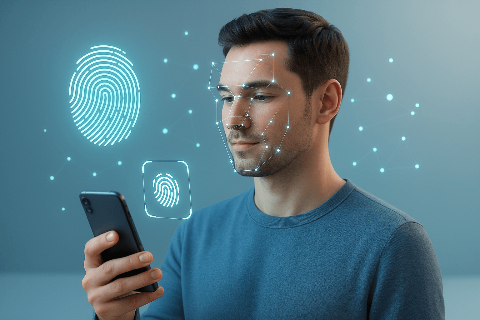 3D illustration of a person using a smartphone with Face ID, surrounded by floating digital biometric elements, representing invisible authentication and passwordless login.