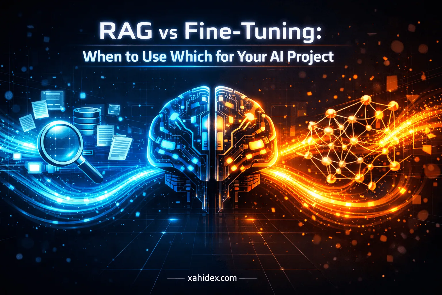 Illustration comparing RAG and Fine-Tuning approaches for AI projects — two paths diverge from a central LLM, one connecting to external databases (RAG) and the other reshaping the model itself (fine-tuning)