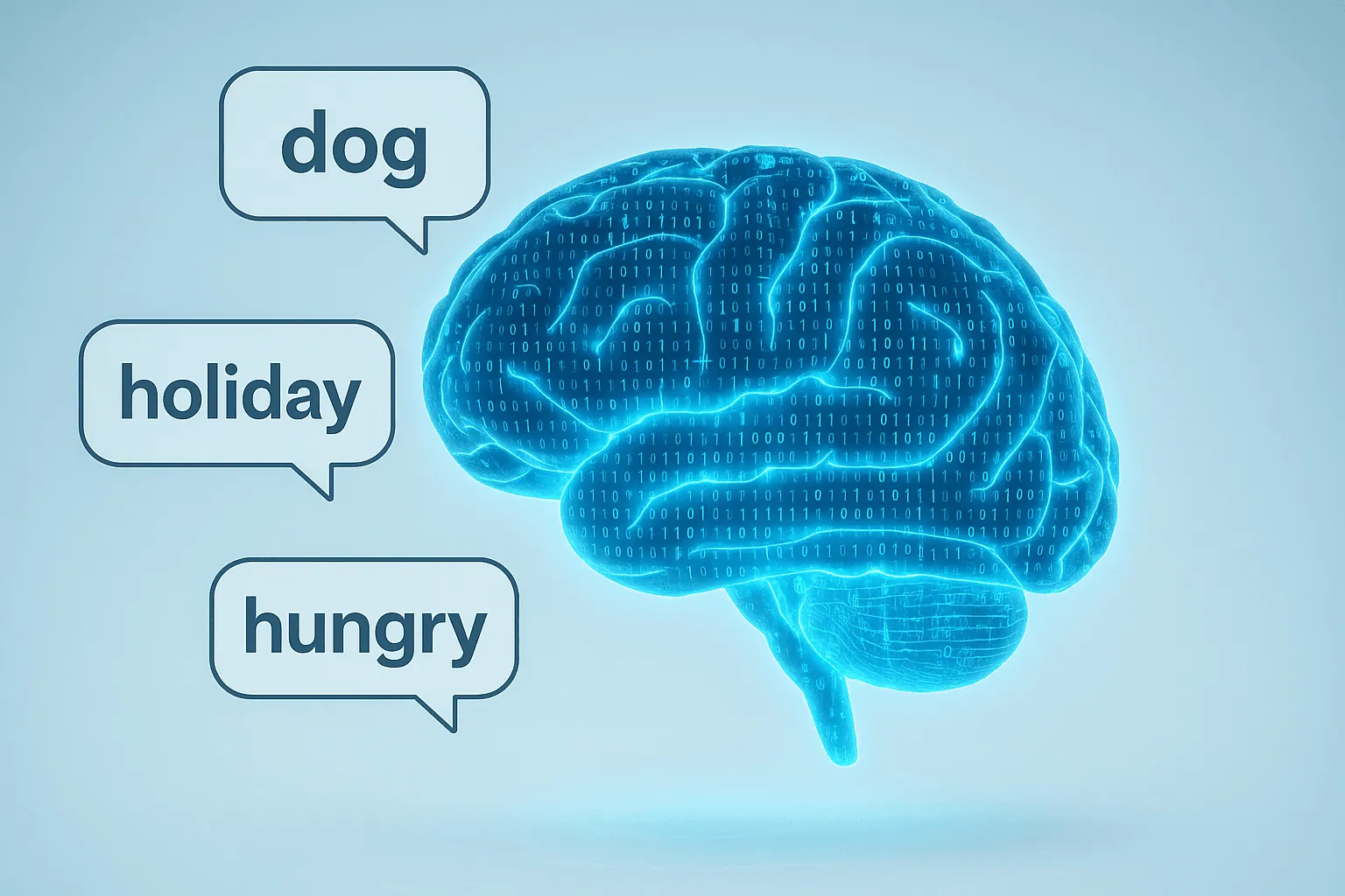 A brain made of code listening to fragmented speech bubbles.