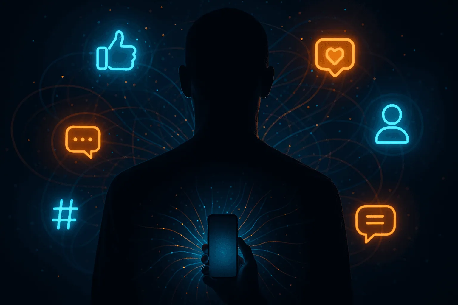 A human silhouette surrounded by dozens of glowing app icons, each connected by thin data lines to a central phone.