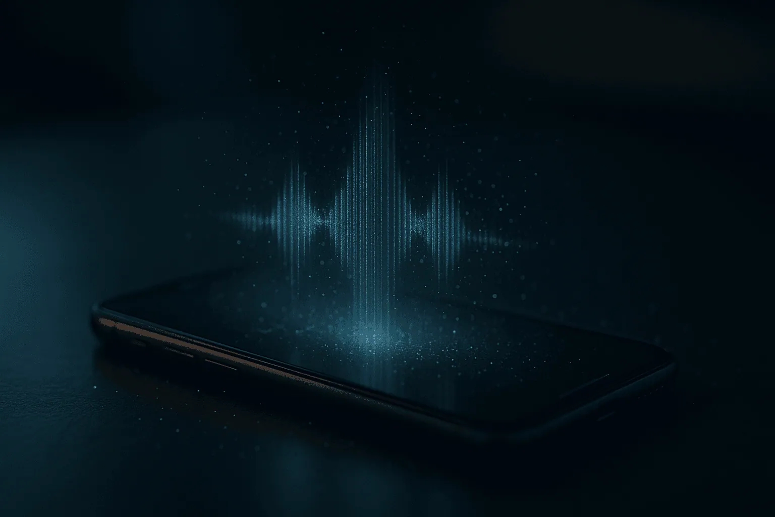 Cinematic close-up of a smartphone on a desk at night, glowing softly with holographic sound waves symbolising how phones detect voice data and privacy signals.