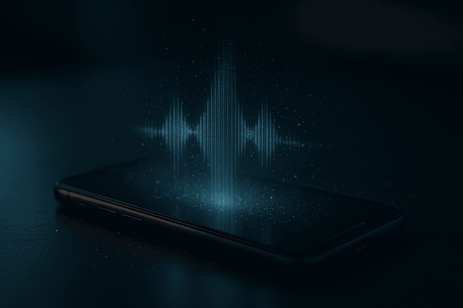 Cinematic close-up of a smartphone on a desk at night, glowing softly with holographic sound waves symbolising how phones detect voice data and privacy signals.