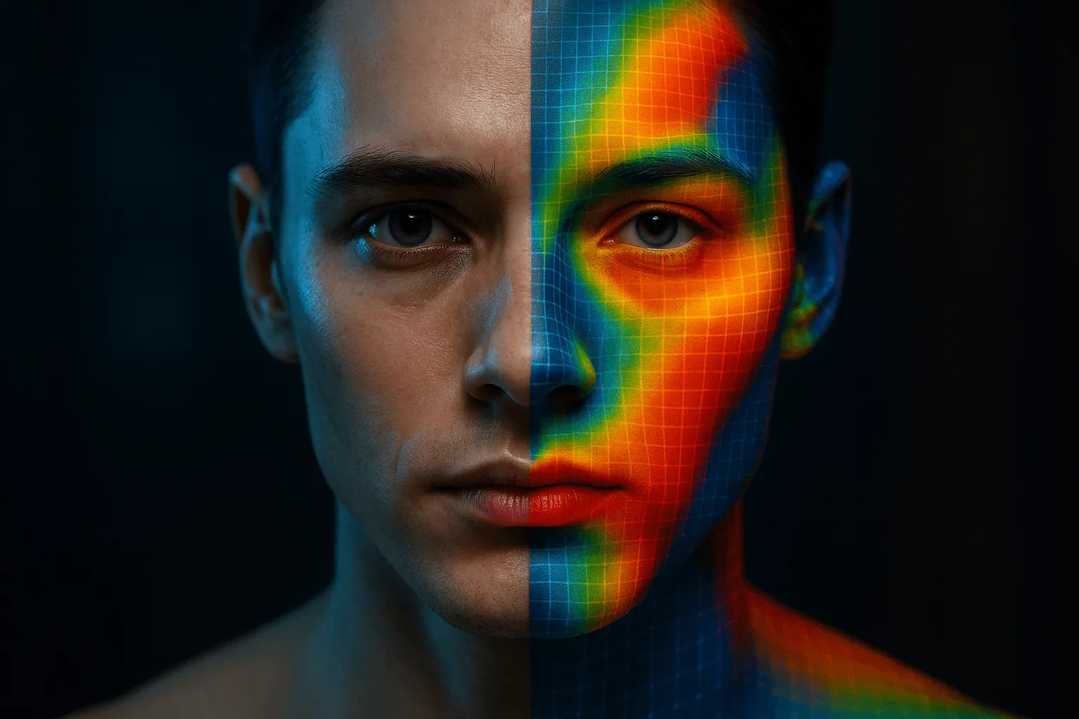 Futuristic portrait of a human face half real, half digital, with colourful emotion heatmap patterns, representing AI emotion detection and future privacy challenges.