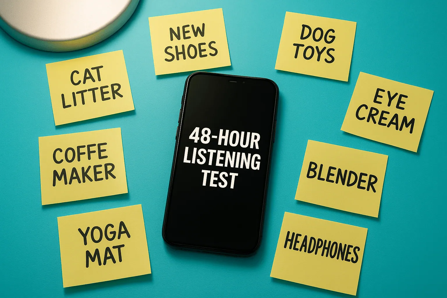 A phone on a desk surrounded by sticky notes with random product names (“cat litter,” “new shoes”) — camera angle like a flat lay.